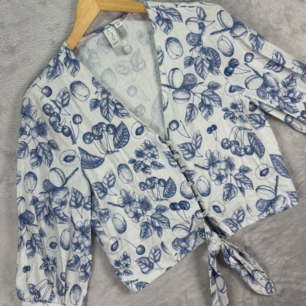 Joie Women's Button Front Tie Hem Blouse Blue Botanical Print Linen Sz S
